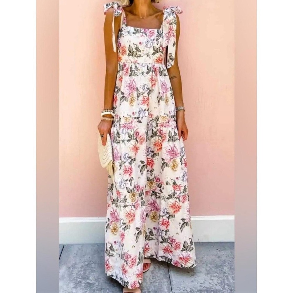 House of Harlow 1960 Floral Linen Tiered Tie Strap Maxi Dress